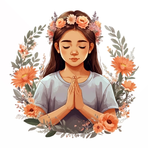 praying girl adorned with natural flowers aesthetic vector artwork isolated on white background