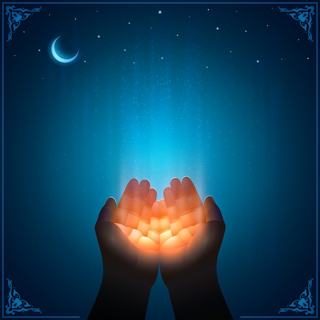 Praying hands of the faithful muslim receives god's grace. first person view. beautiful shine of divine light.   art with islamic frame. scalable template with a copy space for religious quotes.