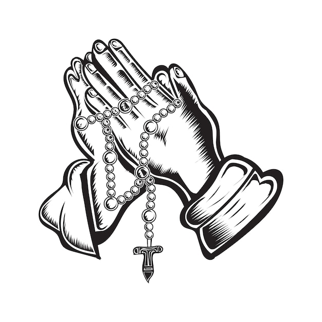 Vector praying hands holding rosary beads vector illustration design