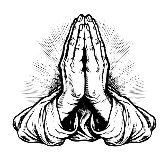Vector praying hands sketch drawn in hand graphic style vector religion