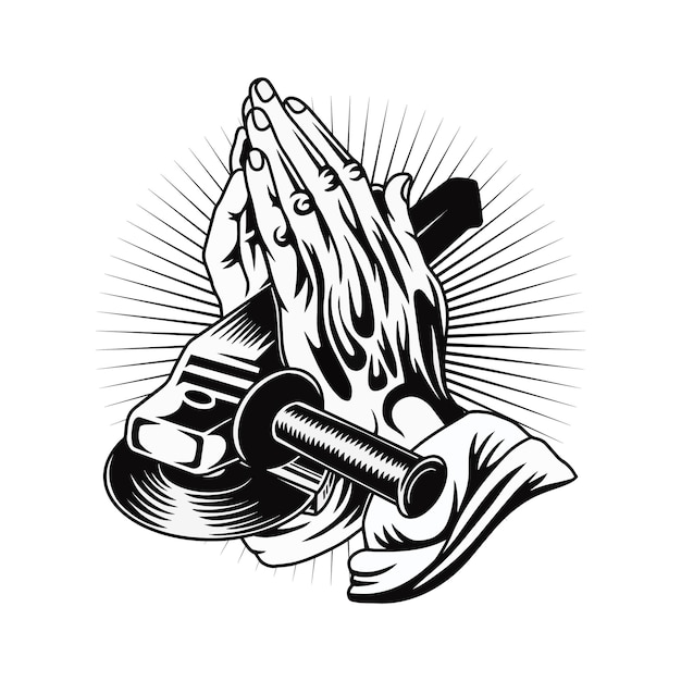 Vector praying hands with angle grinder illustration premium vector