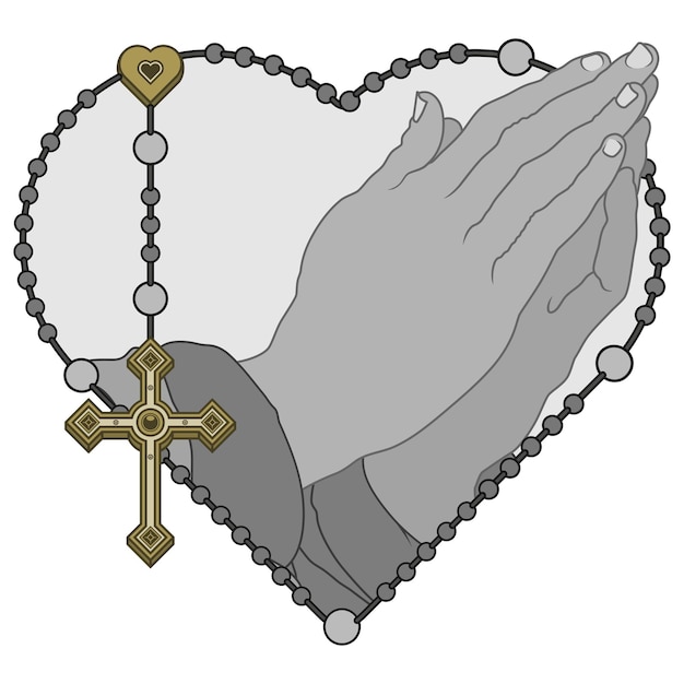 Vector praying hands with heart shaped rosary