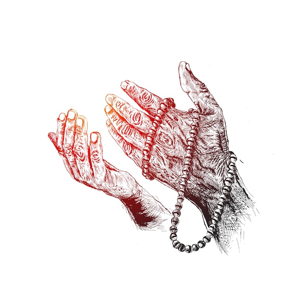 Vector praying hands with rosary, hand drawn sketch vector background.