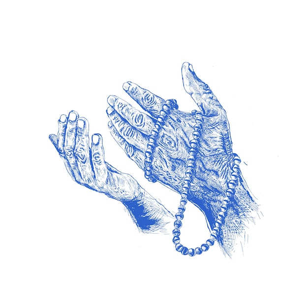 Praying hands with rosary, hand drawn sketch vector background.