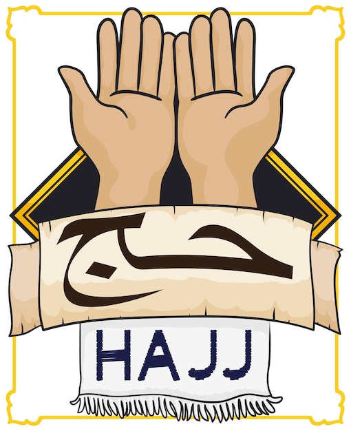 Vector praying hands with scroll and ihram cloth for hajj pilgrimage