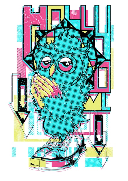 Praying owl with sneakers on a retro background