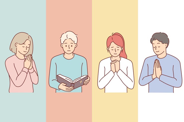 Vector 일요일 기독교 학교에서 기도하는 십대들은 기도 제스처를 하거나 성경을 읽습니다.
