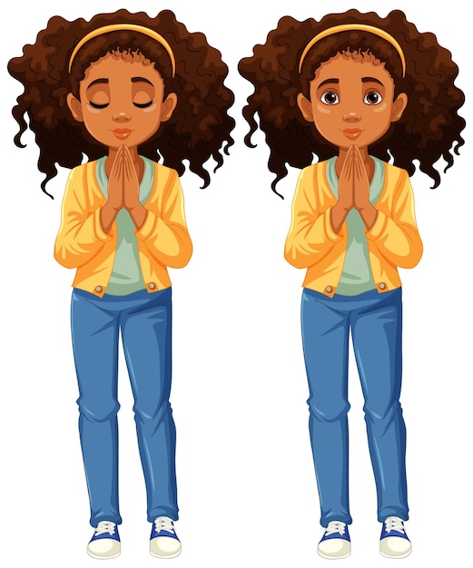 Praying Woman with Curly Hair A Vector Illustration