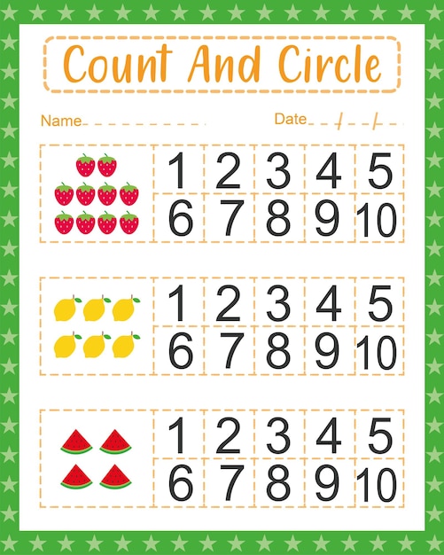 Pre-k count e circle match che iniziano a contare il foglio di lavoro di matematica per il foglio di attività della scuola materna dei bambini