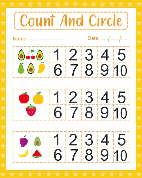 Pre-k Count and Circle Match beginning counting math worksheet for kids preschool activity sheet