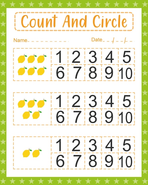 Vector pre-k count and circle match beginning counting math worksheet for kids preschool activity sheet