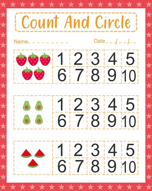 Vector pre-k count and circle match beginning counting math worksheet for kids preschool activity sheet