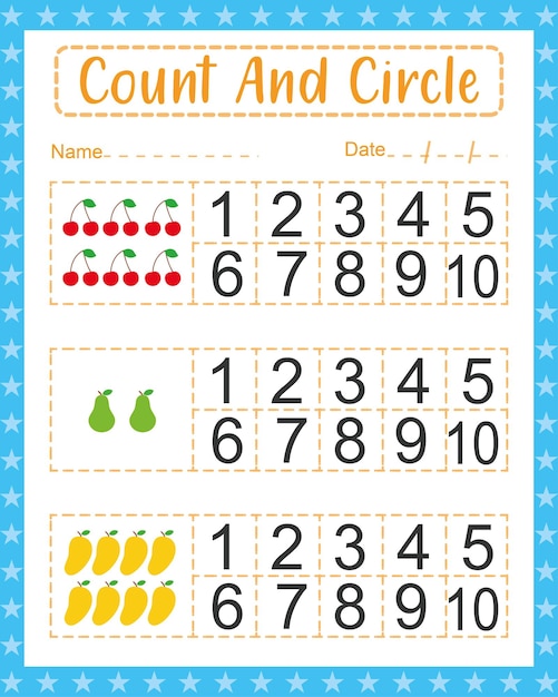 Pre-k Count and Circle Match beginning counting math worksheet for kids preschool activity sheet