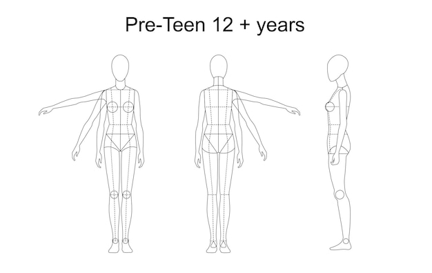 Vector pre-tiener (12 plus jaar) figuur- modefiguursjabloon voor technische tekening met stijllijnen