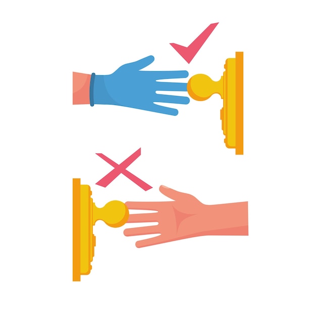 precautions coronavirus. infographic elements how to open door. safety, antibacterial methods of combating diseases. handle in protective gloves. vector cartoon design. danger of disease covid 19.
