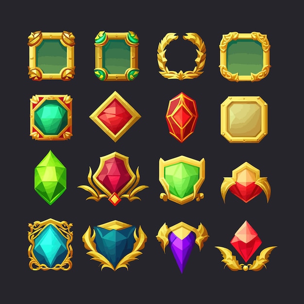 Precious stones in gold and silver frames in medieval style badges with star and fantasy frame for g