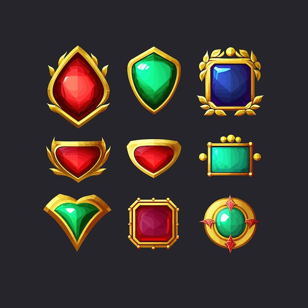 Precious stones in gold and silver frames in medieval style badges with star and fantasy frame