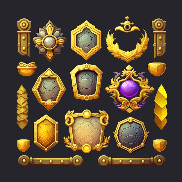 Precious stones in gold and silver frames in medieval style badges with star and fantasy frame