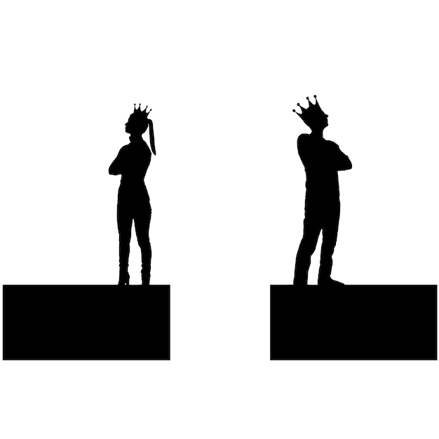 Precipice between a selfish man and a woman with a crown on his head they stand with their backs to each other Vector Silhouette