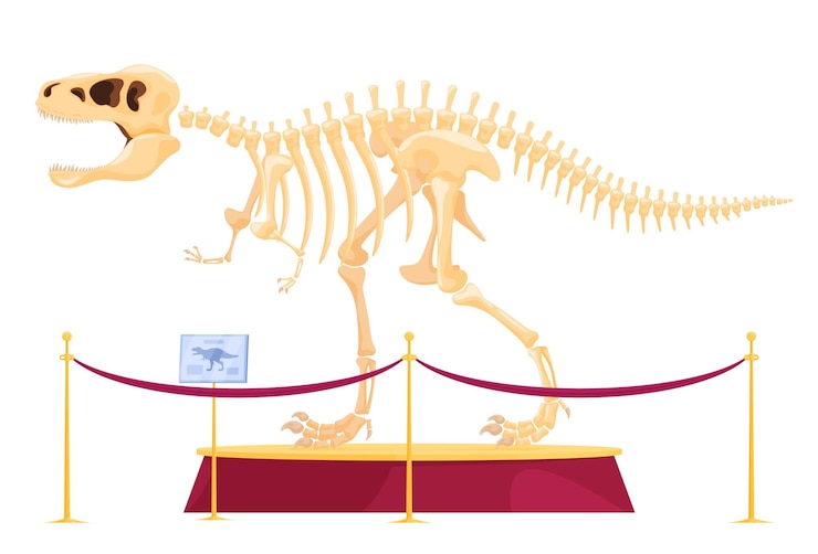 Vector predatory dinosaur skeleton on a pedestal in the museum skeleton of fmd carnivores and herbivores