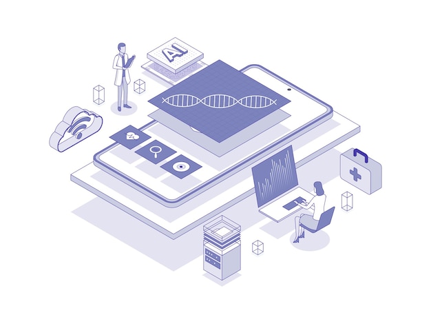 Vettore analisi predittiva nel settore sanitario che utilizza dati e algoritmi statistici per prevedere i risultati dei pazienti intelligenza artificiale nell'illustrazione isometrica lineare del settore sanitario