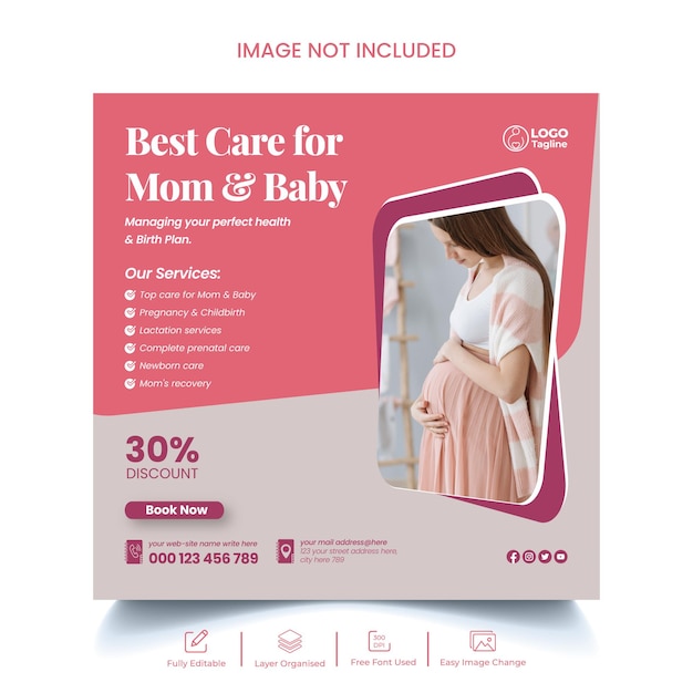 妊娠と出産クリニックのソーシャルメディアバナーとinstagramの投稿テンプレートのデザイン