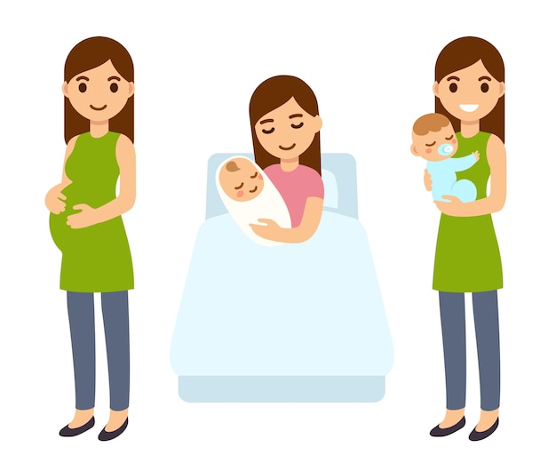 임신과 출산 귀여운 만화 벡터 일러스트 레이 션. 젊은 임산부, 신생아가 있는 병원 침대, 아이가 있는 새 엄마. 현대 간단한 의료 및 의료 Infographic 디자인 요소입니다.