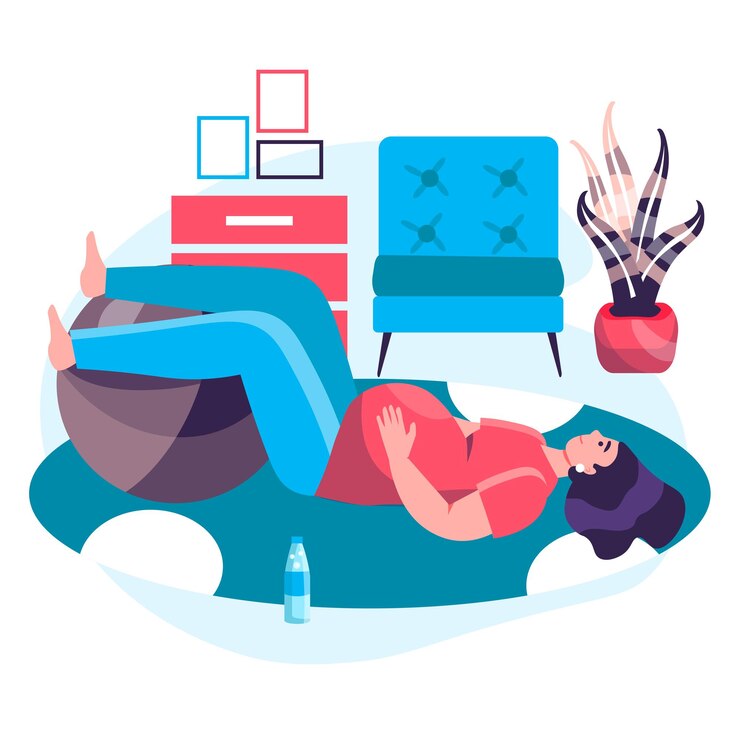Vector pregnancy concept. pregnant woman lies with her legs on ball, exercises to prepare for childbirth. young mom doing fitness character scene. vector illustration in flat design with people activities