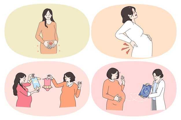 妊娠と赤ちゃんの概念を期待しています。子供のベクトル図の服を選ぶことを期待して幸せを感じている医者から超音波を見て幸せな笑顔の妊婦のセット