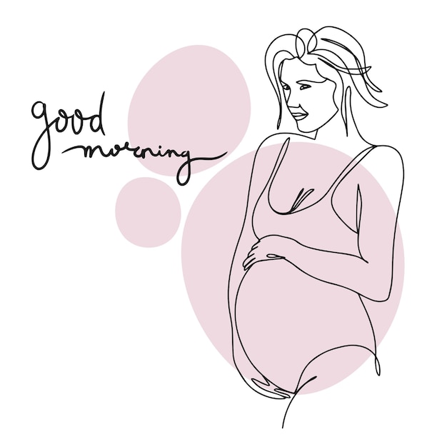 Vector pregnancy good morning one line drawing fashionable girl in a swimsuit with a big belly