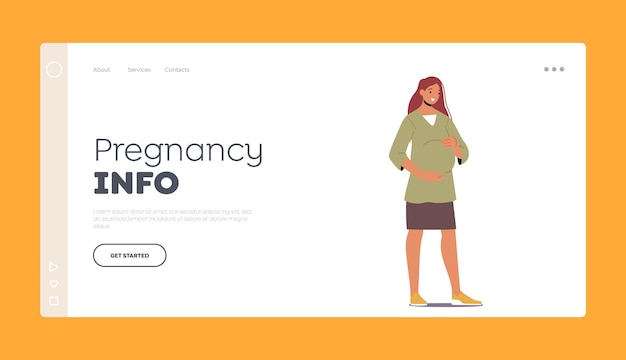 Pregnancy info landing page template beautiful pregnant caucasian woman young mother hold belly motherhood concept