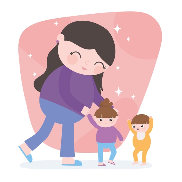 Pregnancy and maternity, cute mother with her little daughter and son cartoon