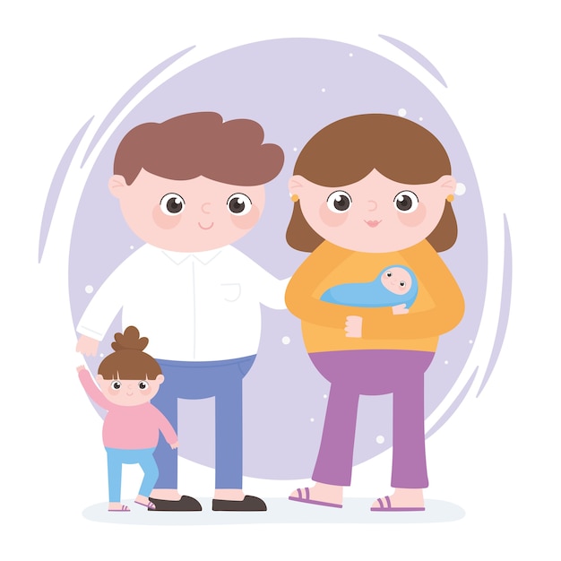 Vector pregnancy and maternity, family dad mom baby and little daughter cartoon