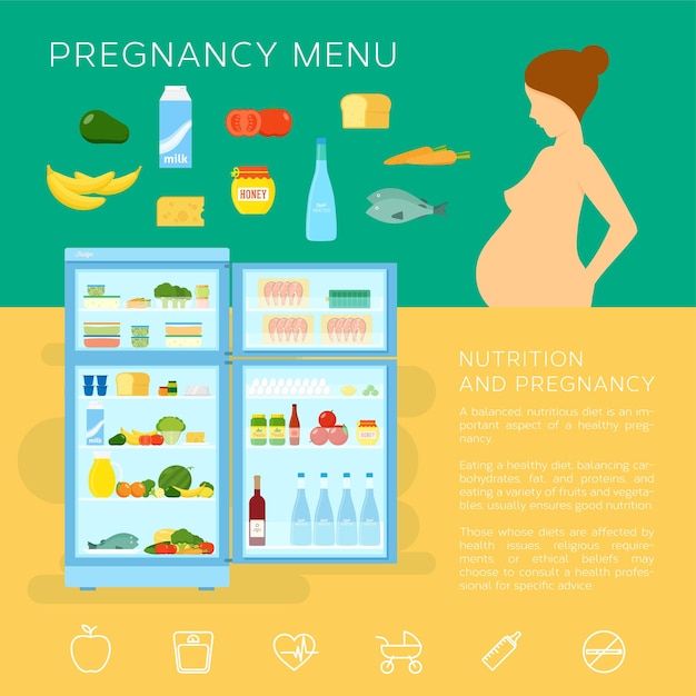 妊娠メニュー食品フラットスタイルベクトルインフォグラフィック要素または冷蔵庫付きアイコン