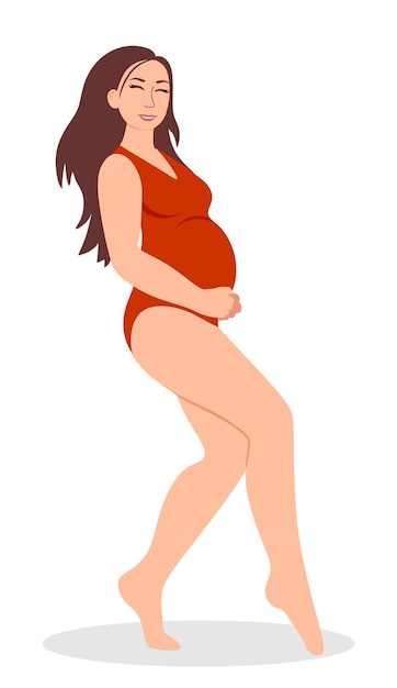 Vector pregnancy a modern poster with a cute pregnant woman in a red swimsuit vector illustration