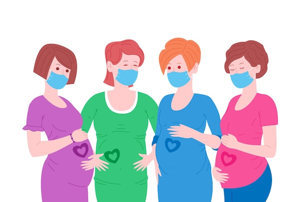 Gravidanza, bandiera del concetto di maternità. un gruppo di giovani donne incinte e felici in maschera tiene le loro pance, che raffigurano un cuore come simbolo di un bambino nell'utero. illustrazione di vettore del fumetto piatto.