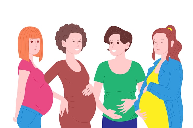 Pregnancy, motherhood concept banner. Group of pregnant and happy young women talking and laughing, holds their bellies waiting for the birth of a child. Flat cartoon vector illustration.