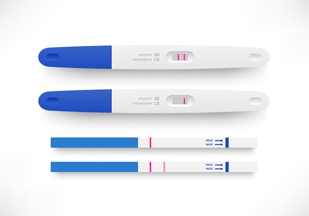 白い背景で隔離のシャドウセットトップビューで妊娠または排卵の肯定的および否定的なテスト。女性の生殖、妊娠の概念の計画。バナー、ウェブサイト、広告のイラスト