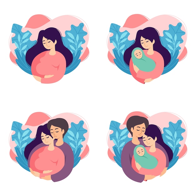 임신과 부모 개념 삽화. 임신 한 여자와 장면의 집합, 어머니 지주 신생아, 미래 부모는 아기, 어머니와 아버지가 그들의 신생아를 들고 기대하고 있습니다.
