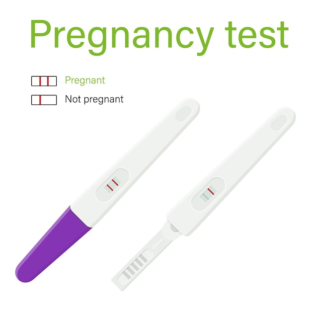 白い背景で隔離の妊娠プラスチックテスト、正と負、ベクトルフラットイラスト。