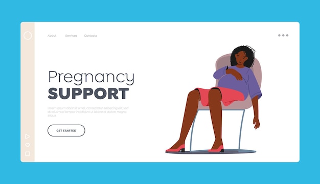Pregnancy Support Landing Page Template Sad Pregnant Female Character with Big Belly Sitting on Chair with Upset Face Young Anxious Woman Mother Needs Psychological Help Cartoon Vector Illustration