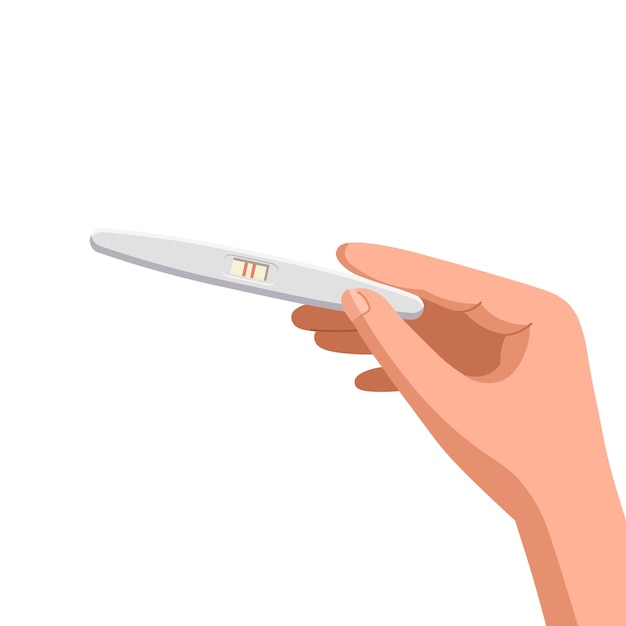 Pregnancy test in the hand with two red stripes Positive pregnancy testVector cartoon illustration