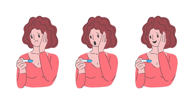 Тест на беременность Системный тест на коронавирус Женщина с тестом в руках Счастливая и грустная