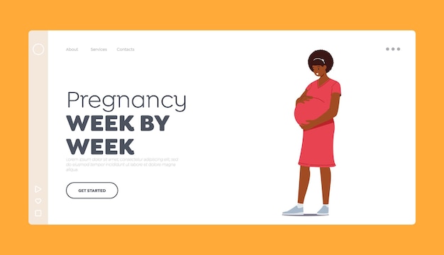 Vector pregnancy week by week landing page template beautiful african pregnant woman waiting baby young mother hold belly