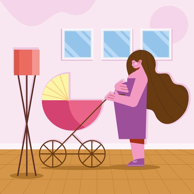 Vettore donna in gravidanza con il personaggio del carrello del bambino