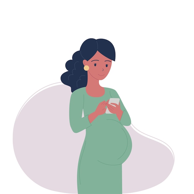 A pregnant black AfricanAmerican woman uses a smartphone