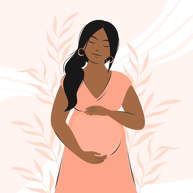 Vector pregnant black woman future mom standing in nature and hugging belly with arms