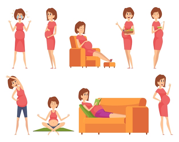 Pregnant characters. healthy happy woman eating sleeping sporting active working pregnancy female lifestyle  cartoon