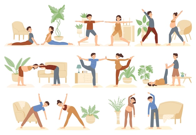 Vector pregnant characters with partners, yoga practicing family class. happy couples doing yoga asanas, sports prenatal activity vector illustration set. young families exercising