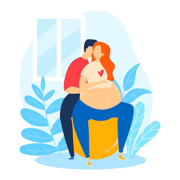 Vector pregnant couple doing sport exercise yoga gymnastics vector illustration